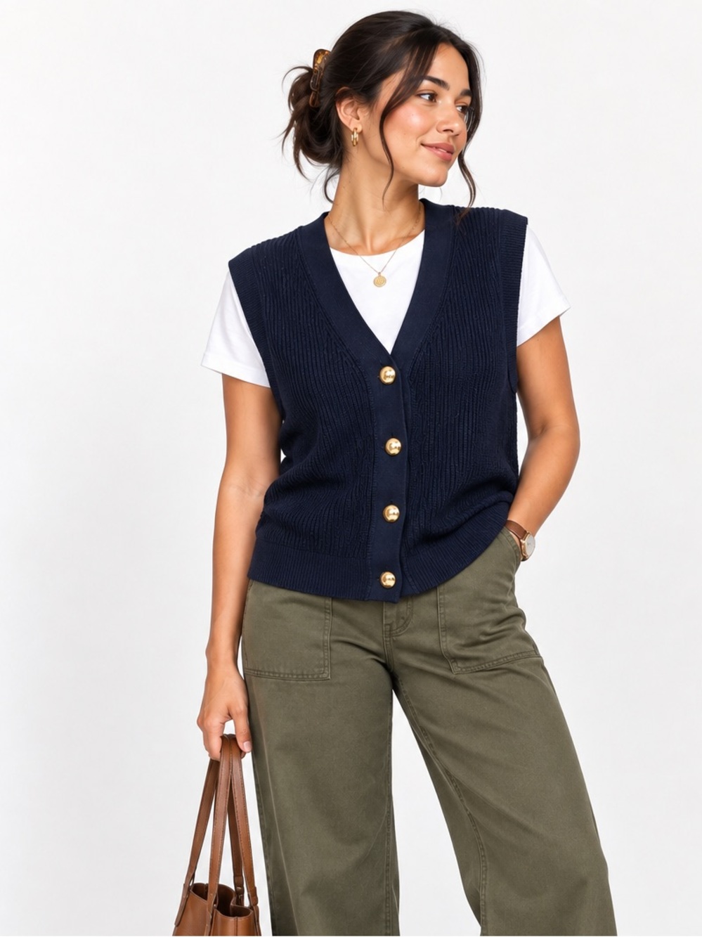 H&M Large Navy Rib Knit Gold Button Sweater Vest